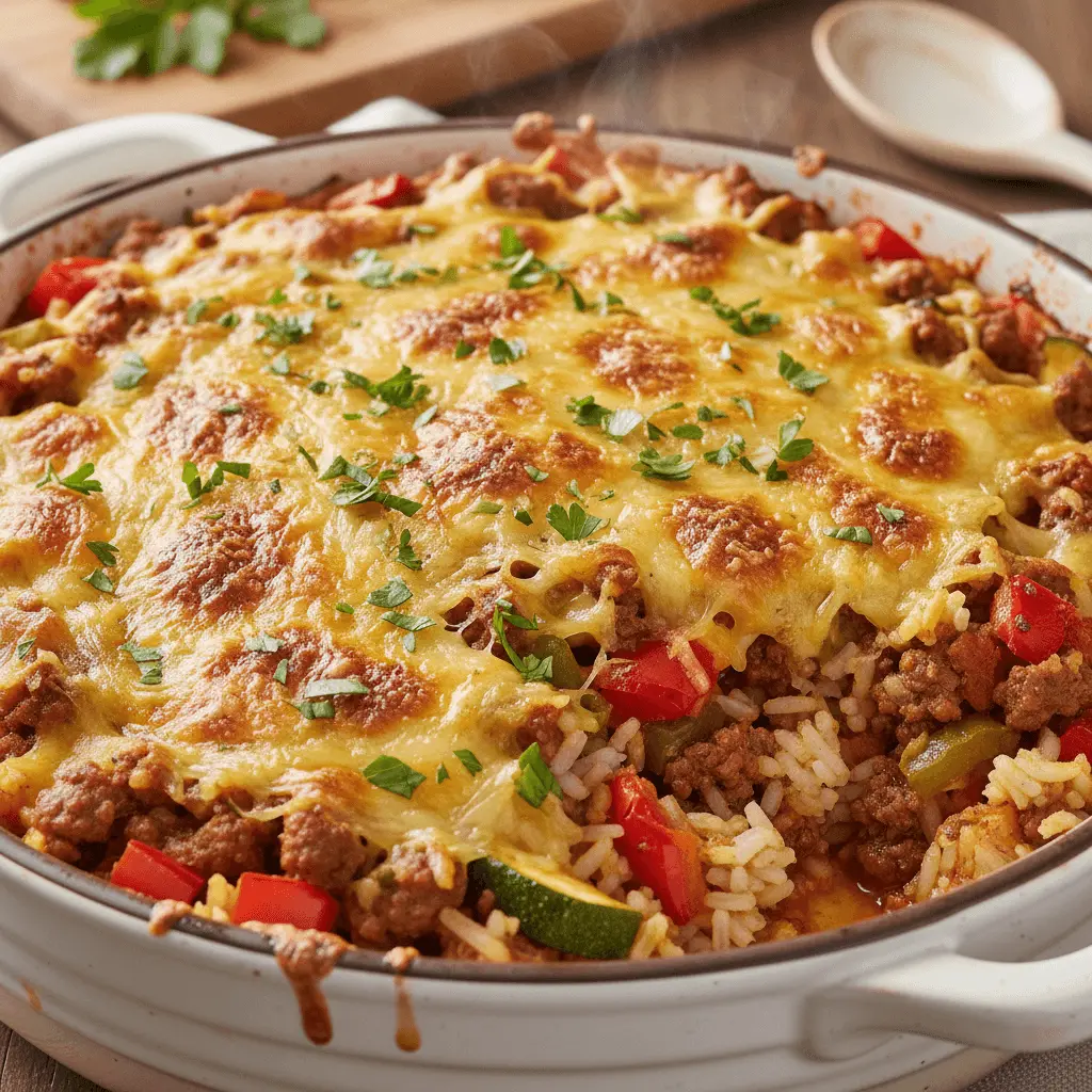 Steaming hot stuffed pepper casserole fresh from the oven, topped with golden-brown melted cheese and fresh herbs.