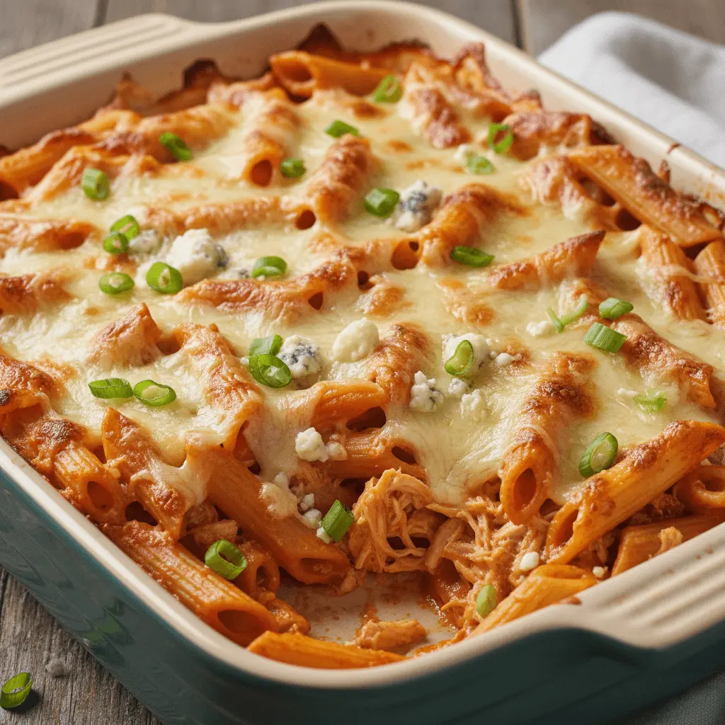 Freshly baked buffalo chicken casserole with melted cheese, green onions, and blue cheese crumbles.