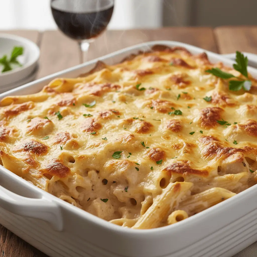 Close-up of a golden-brown, bubbly chicken alfredo casserole in a white baking dish, fresh from the oven.
