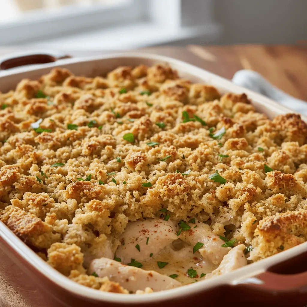 Close-up of a freshly baked, golden-brown chicken and stuffing casserole in a terracotta dish, garnished with green herbs.