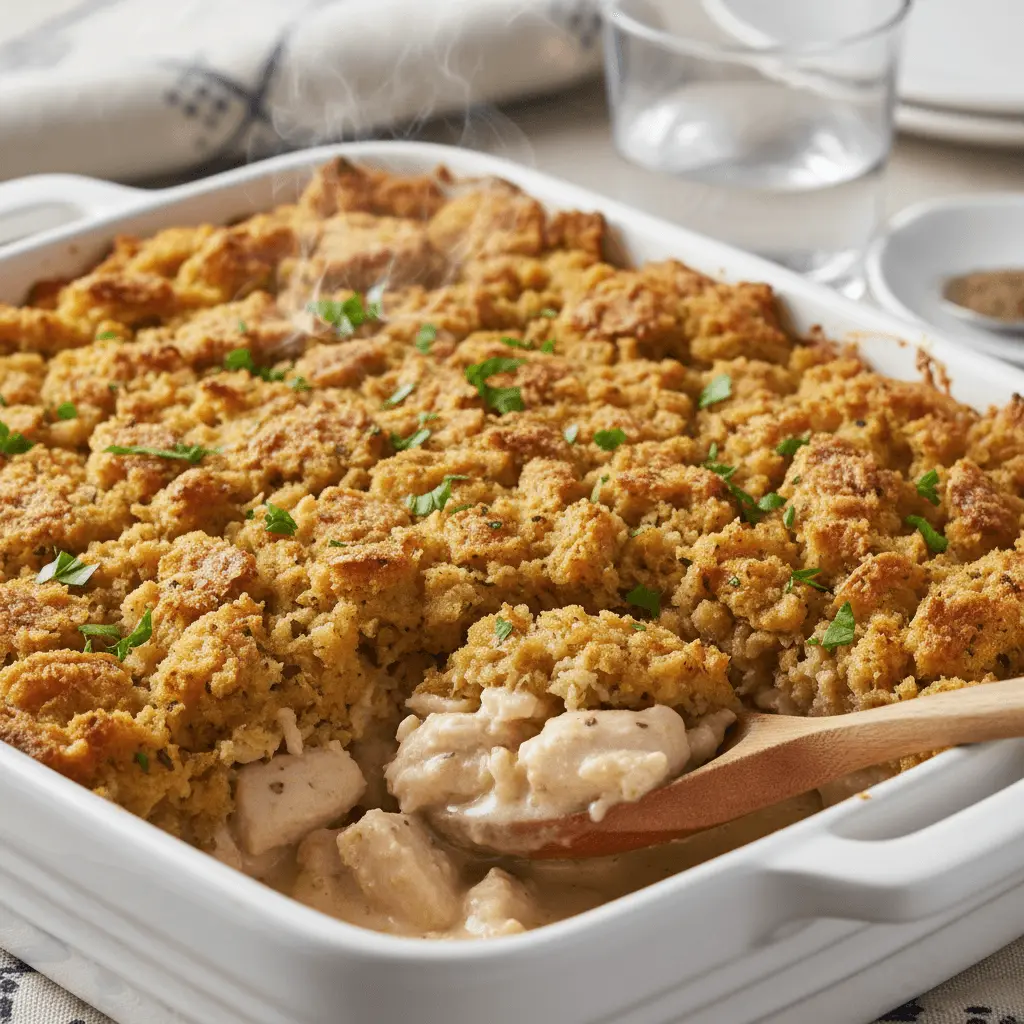 Steaming hot chicken and stuffing casserole fresh from the oven, served in a white baking dish with a golden-brown crust and garnished with fresh herbs.