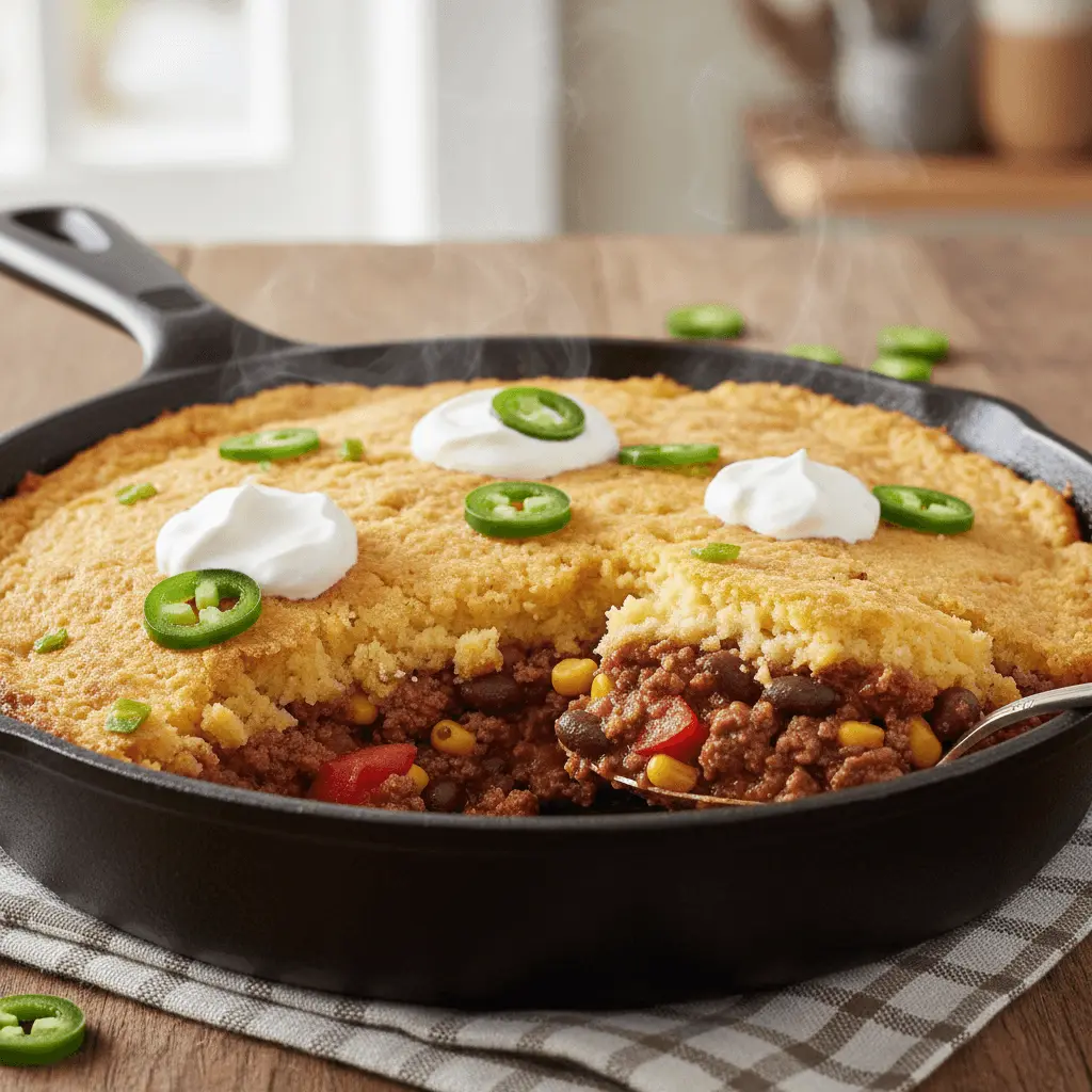 Close-up of a steaming hot chili cornbread casserole in a cast iron skillet, garnished with sour cream and jalapeños.