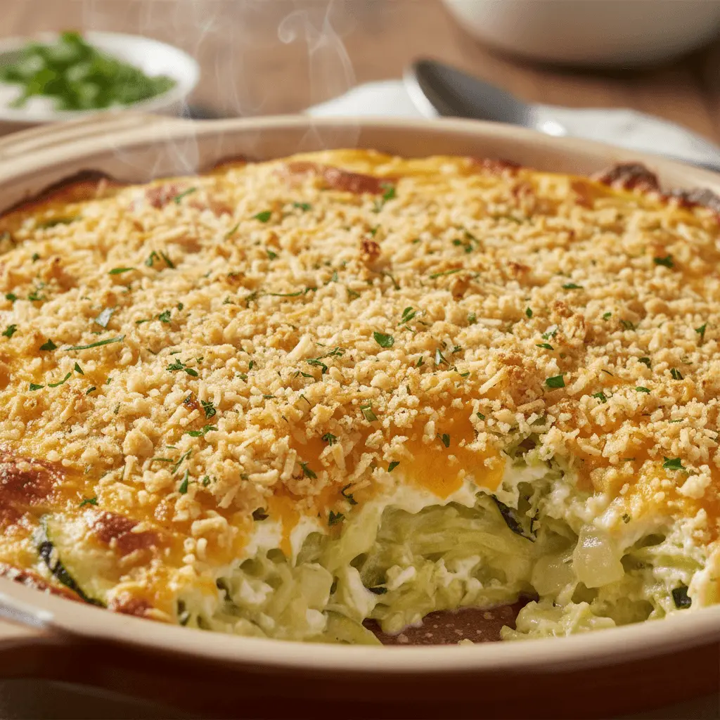 Close-up of a freshly baked, steaming zucchini casserole with a golden-brown crust.