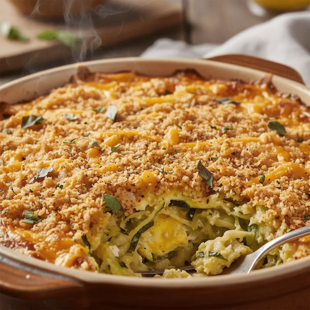 Freshly baked zucchini casserole with a golden, crispy topping being served from a rustic ceramic dish.
