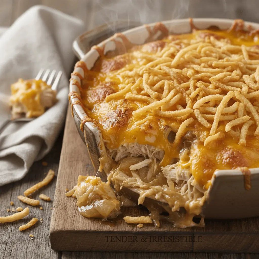 A hot, cheesy french onion chicken casserole fresh from the oven, with a serving scooped out to show its rich, creamy interior and crispy onion topping on a rustic wooden board.