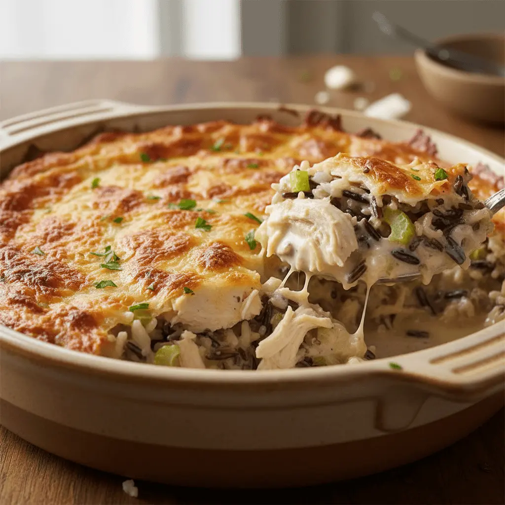 Close-up of a hearty chicken wild rice casserole, freshly served in a rustic ceramic dish with a spoon scooping a cheesy, creamy portion.