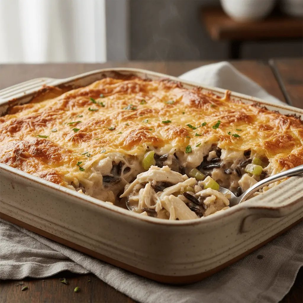 A steaming, cheesy chicken wild rice casserole, fresh from the oven and served on a rustic wooden table.