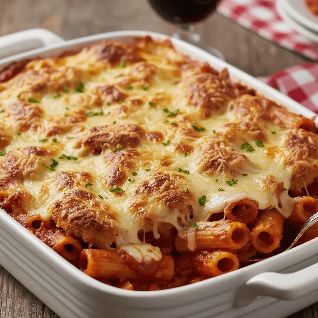 Close-up of a bubbling, golden-brown chicken parmesan casserole baked in a white dish, garnished with fresh parsley.