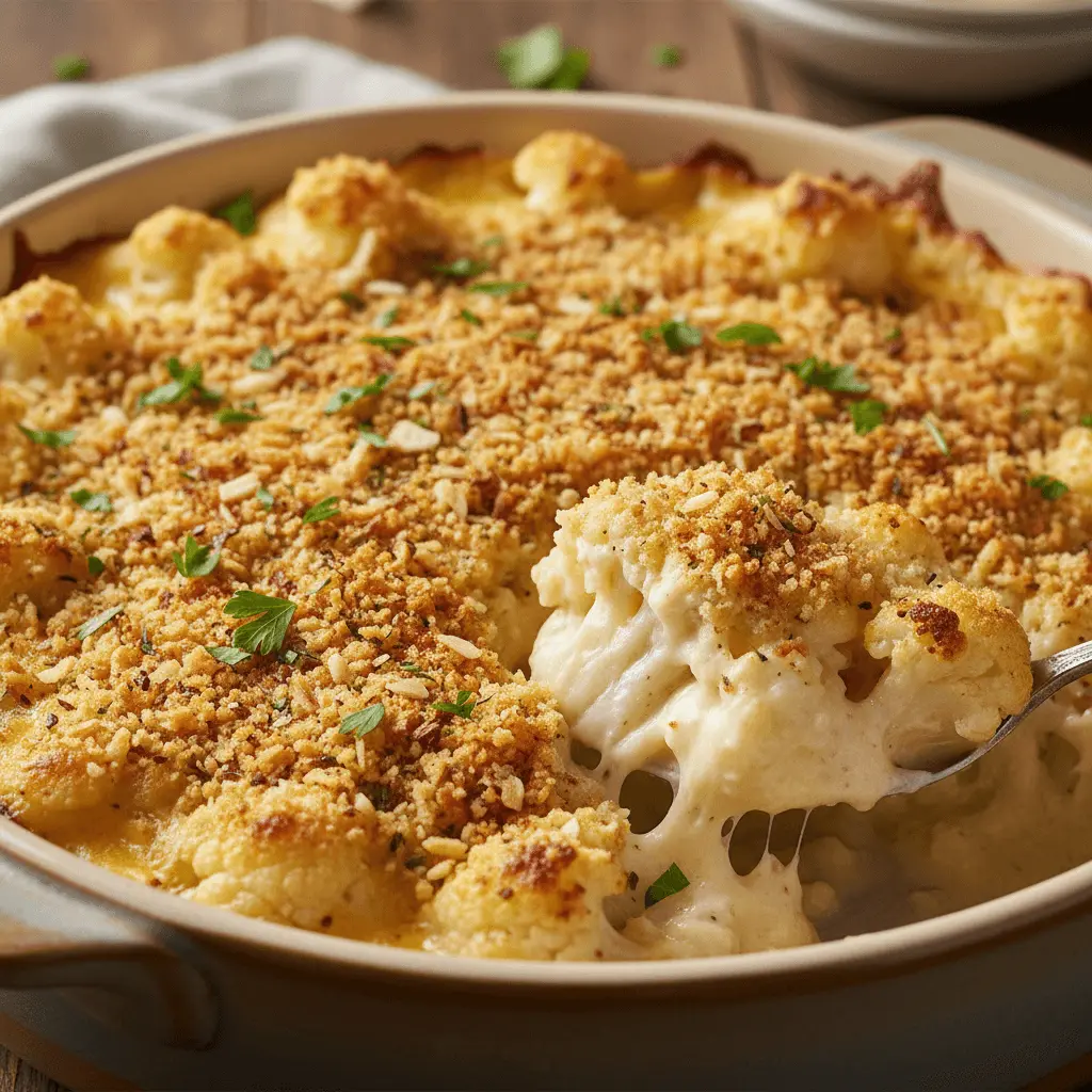 Close-up of a golden-brown, cheesy cauliflower casserole with a prominent cheese pull, served in a rustic dish.