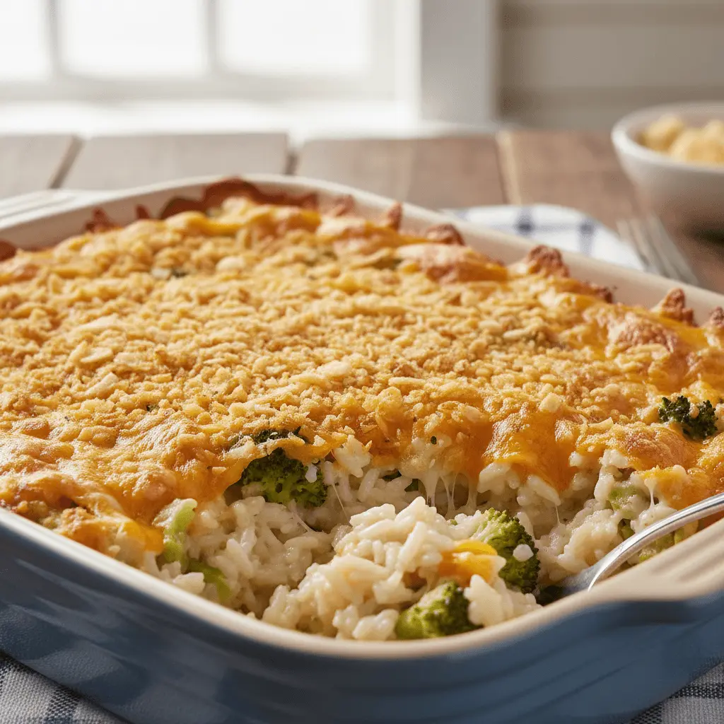 Freshly served cheesy broccoli rice casserole with a golden-brown, crispy topping and gooey melted cheddar cheese.
