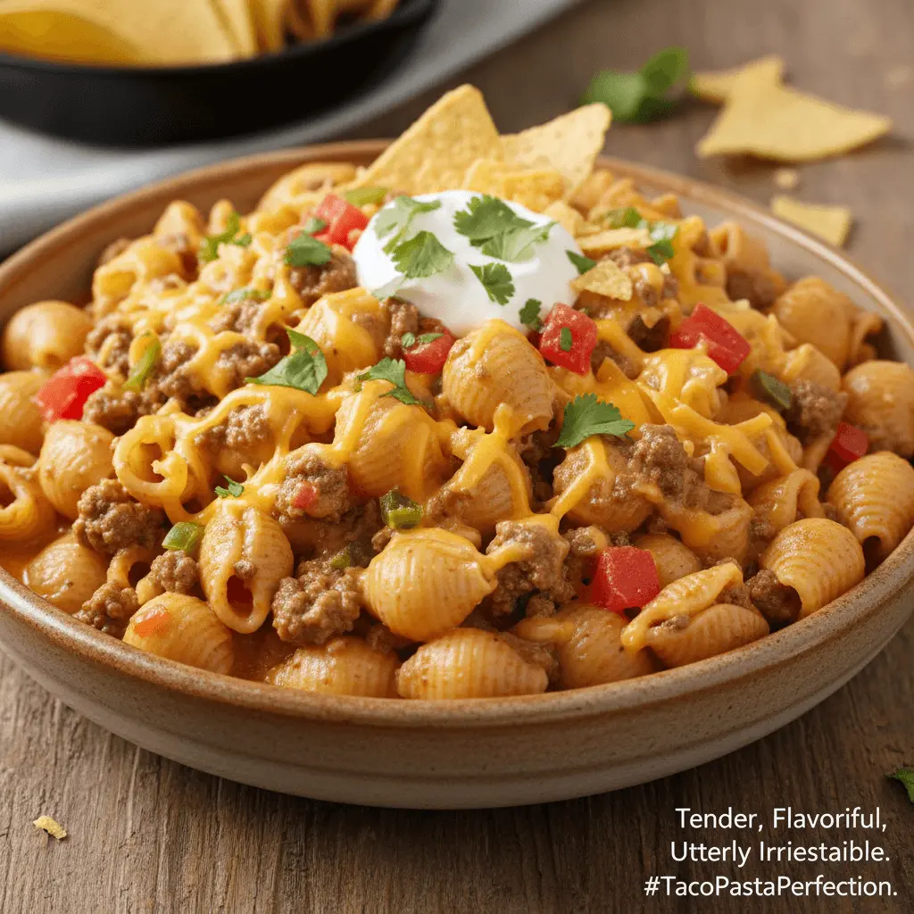 Close-up of a steaming bowl of cheesy taco pasta, garnished with sour cream, cilantro, and tortilla chips, perfect for taco pasta recipes.