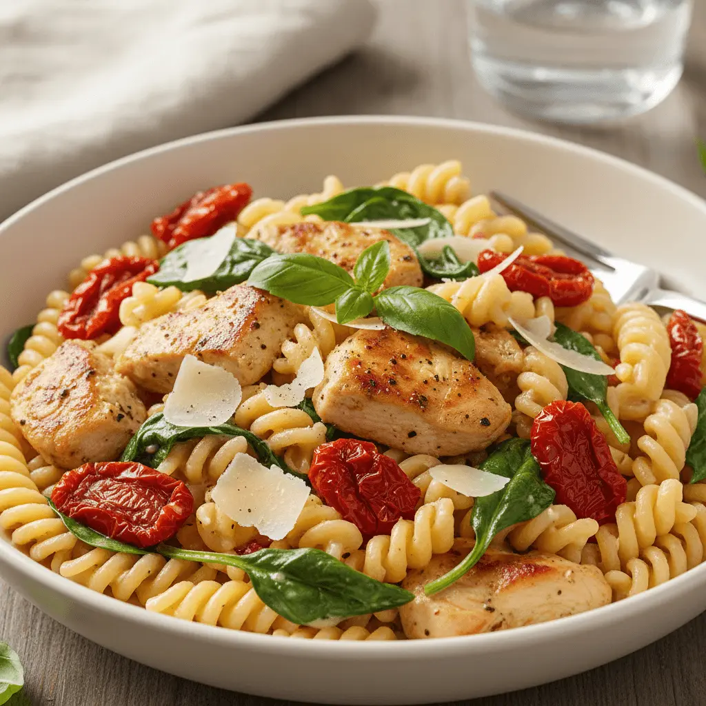 Close-up of a vibrant bowl of fusilli pasta with chicken, sun-dried tomatoes, and spinach, perfect for healthy pasta recipes.