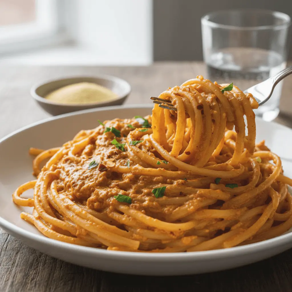 Mouth-watering plate of creamy orange-red pasta with fresh herbs, lifted by a fork, showcasing delicious vegan pasta recipes.