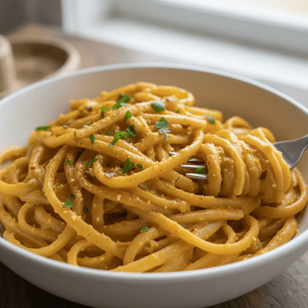 Creamy, inviting bowl of pasta with a fork, showcasing delicious vegan pasta recipes.