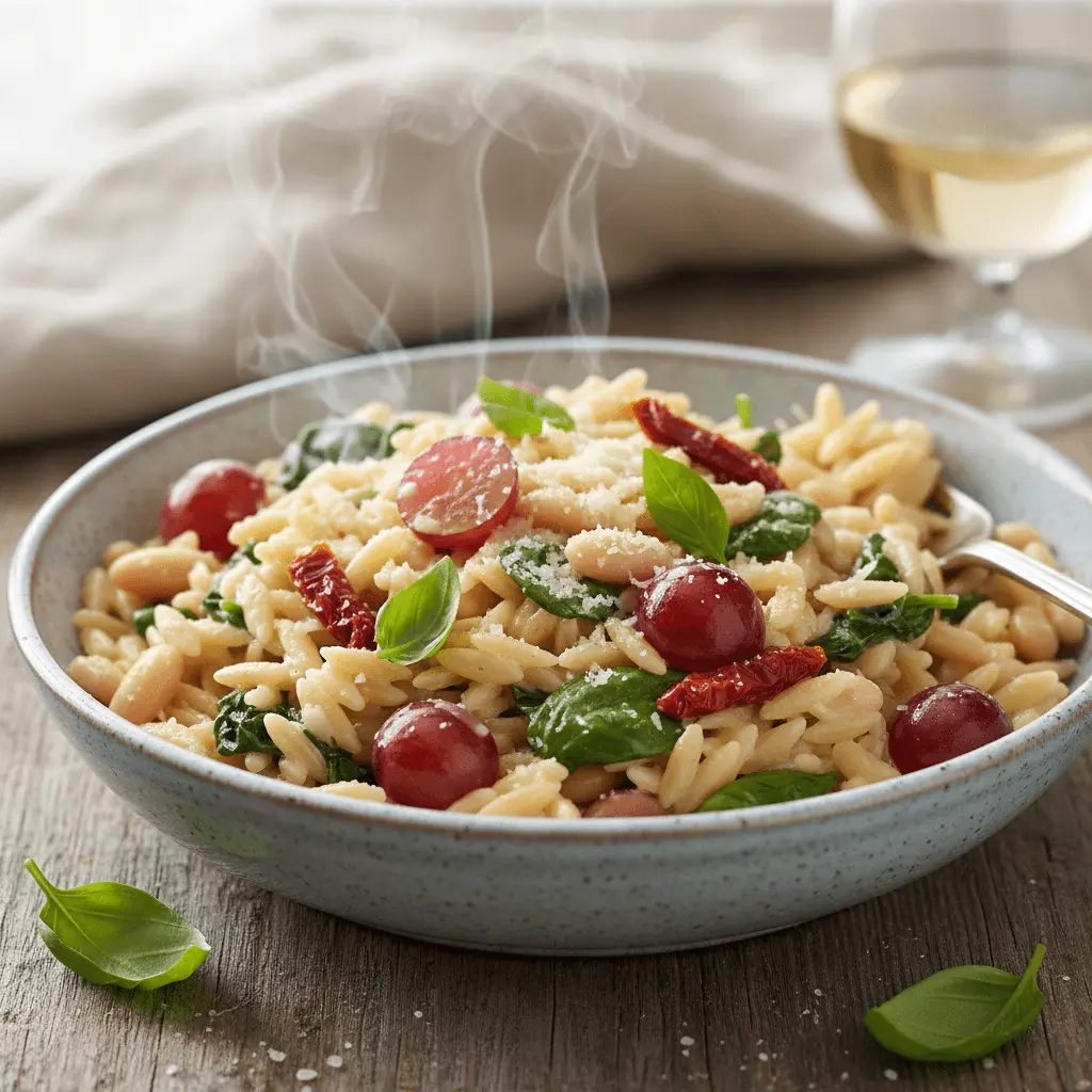 A steaming bowl of vibrant orzo pasta with spinach, sun-dried tomatoes, and grapes, perfect for exploring new orzo pasta recipes.