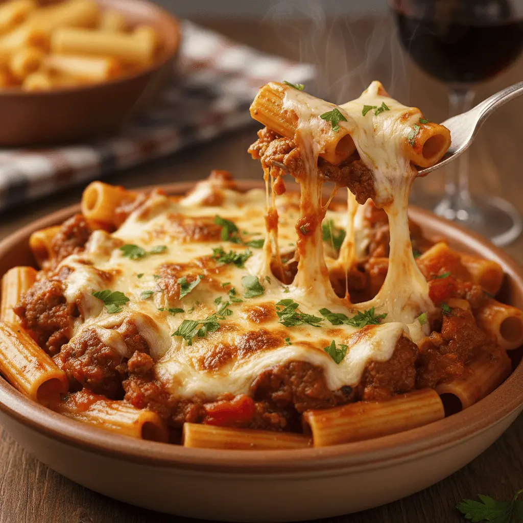 Baked rigatoni pasta with a fork lifting cheesy, saucy noodles, perfect for rigatoni pasta recipes inspiration.