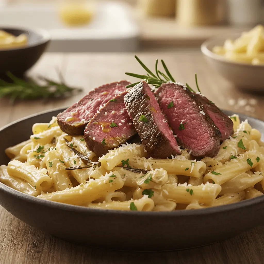 Beautifully plated medium-rare steak and creamy pasta, perfect for inspiring steak pasta recipes.