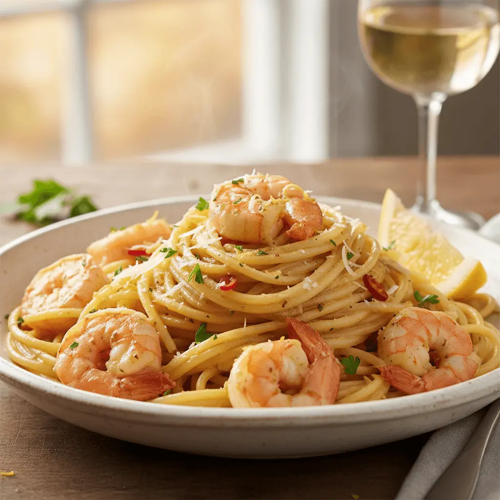 Delicious shrimp pasta dish with fresh herbs, lemon, and cheese, perfect for exploring new shrimp pasta recipes.