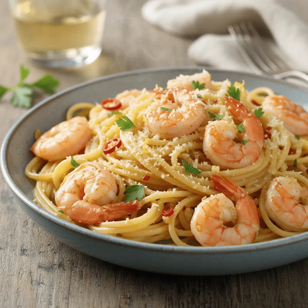 Close-up of a delicious bowl of shrimp spaghetti with parmesan, herbs, and chili, perfect for various shrimp pasta recipes.