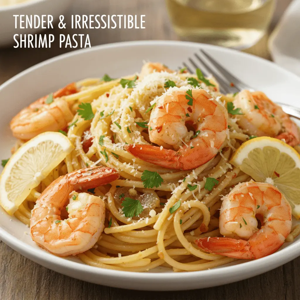 Close-up of a delicious bowl of shrimp pasta with Parmesan, herbs, and lemon, perfect for your next shrimp pasta recipes search.