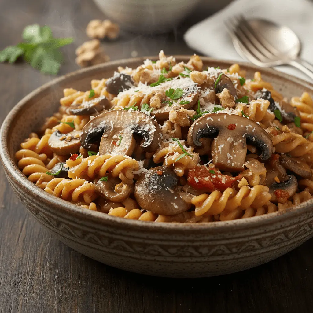 Close-up of a steaming rustic fusilli mushroom pasta bowl with cheese, walnuts, and parsley, inspiring delicious mushroom pasta recipes.