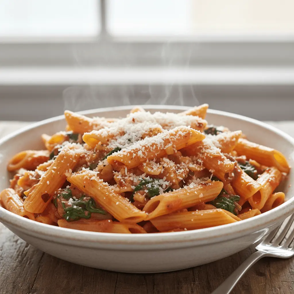 Steaming penne pasta with creamy sauce, fresh spinach, and grated cheese, highlighting delicious spinach pasta recipes.