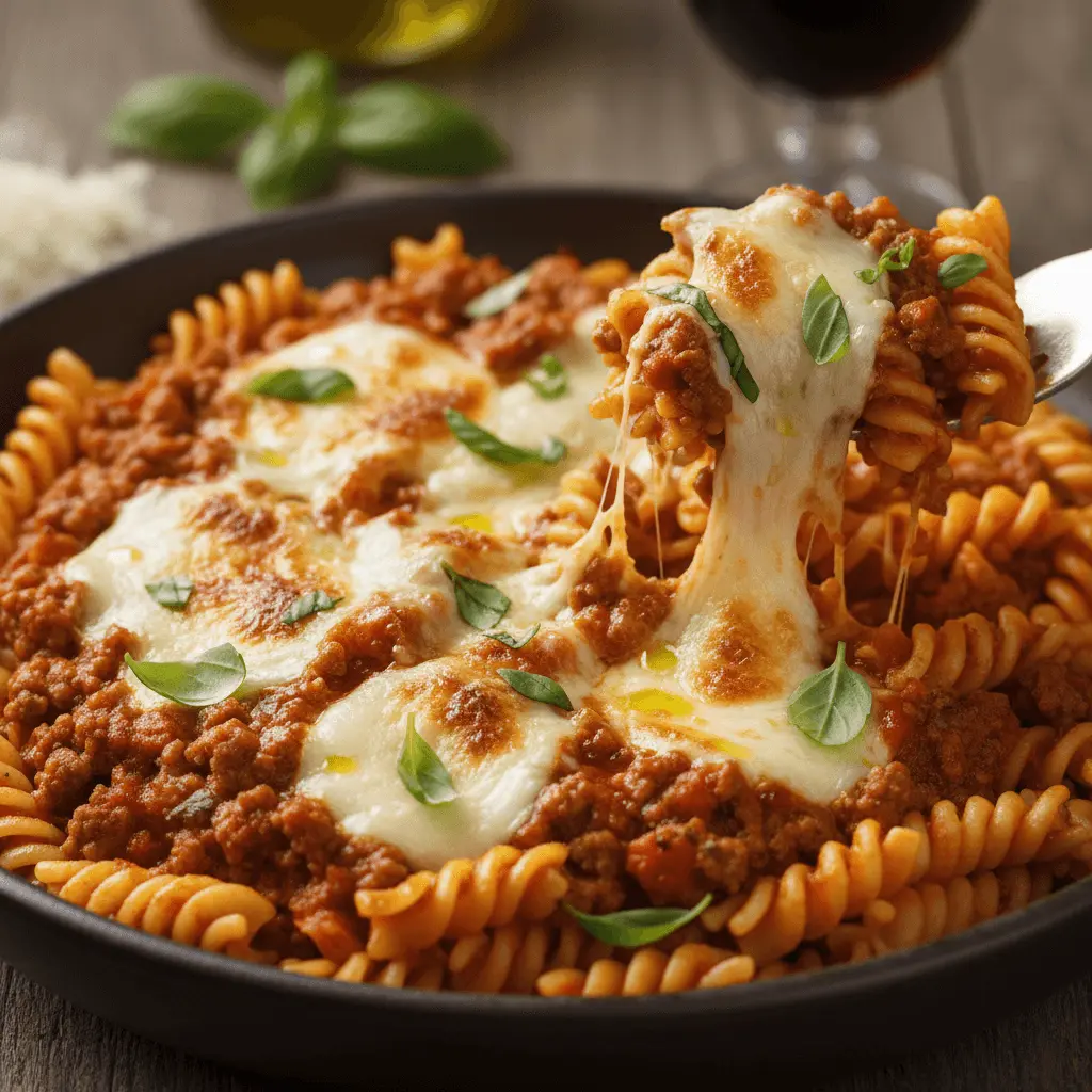 Delicious baked rotini pasta with melted cheese and meat sauce, inspiring new rotini pasta recipes.