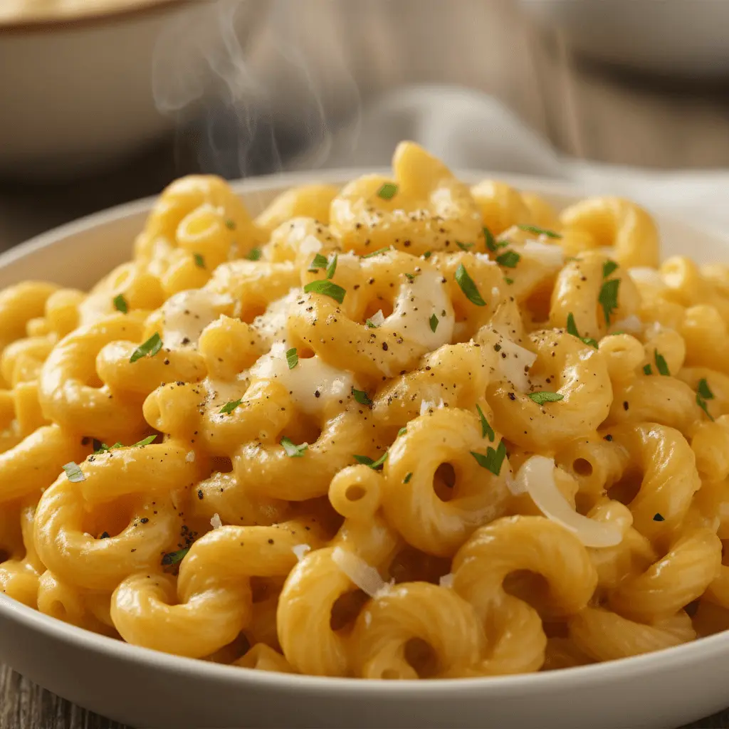 Close-up of a steaming bowl of fresh macaroni and cheese, a quintessential example of cheesy pasta recipes, garnished with fresh parsley.