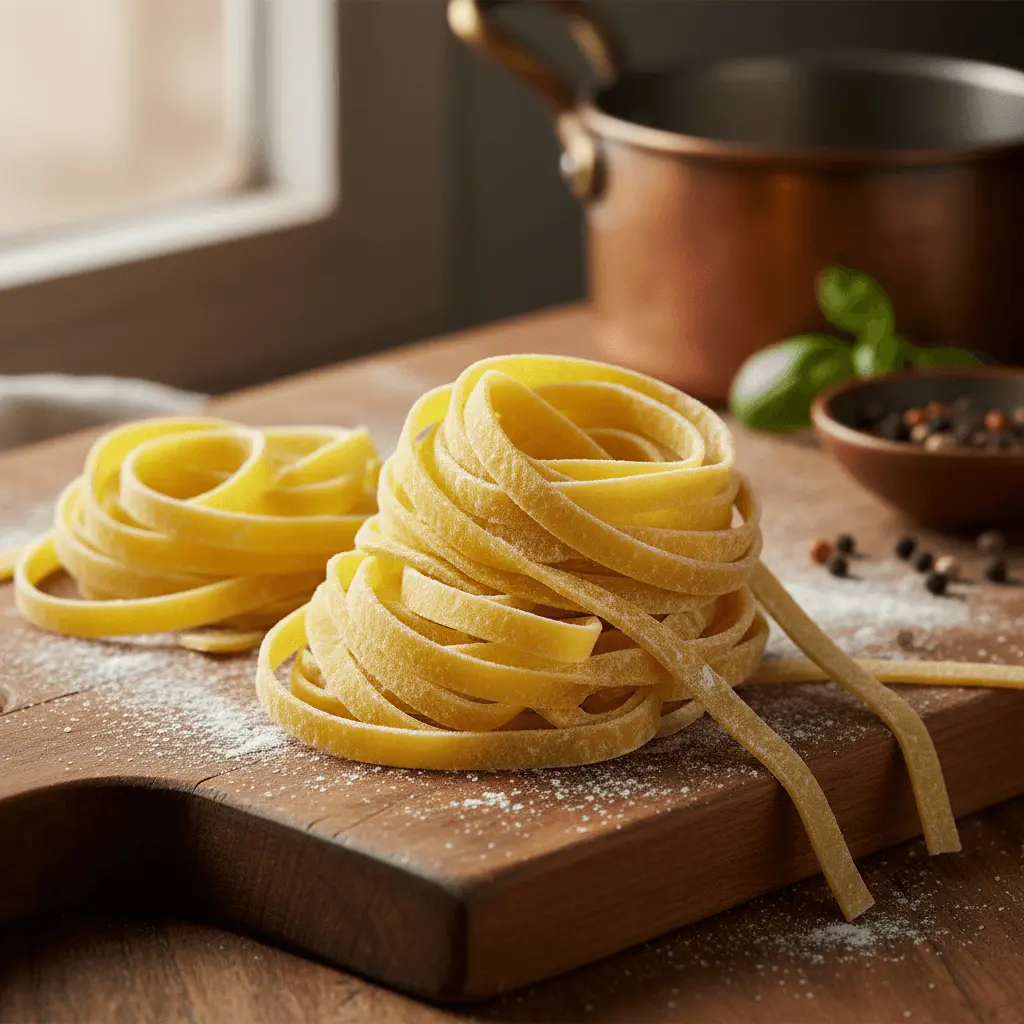 Freshly made tagliatelle pasta on a rustic wooden board, ready for delicious Italian pasta recipes.