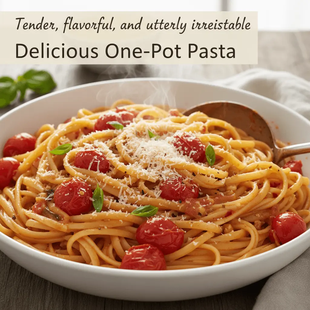 Steaming bowl of creamy "Delicious One-Pot Pasta" with blistered cherry tomatoes, fresh basil, and Parmesan, showcasing one of many easy one pot pasta recipes.