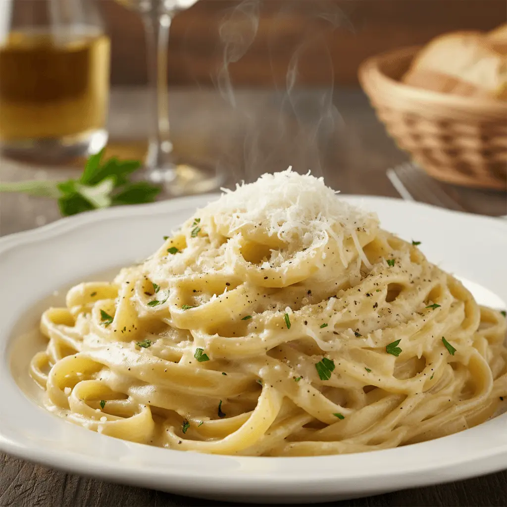 Close-up of steaming, creamy fettuccine Alfredo pasta, garnished with Parmesan, pepper, and parsley, ideal for alfredo pasta recipes.