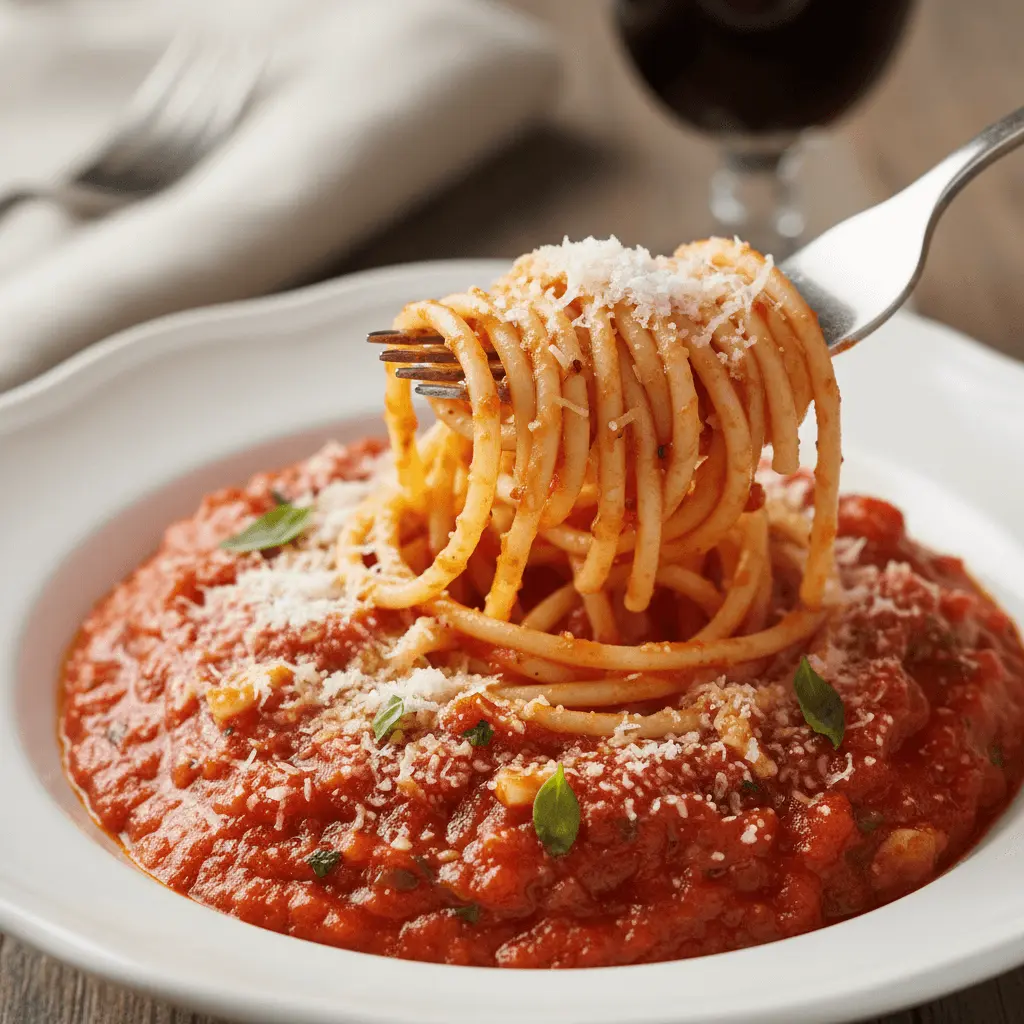 Appetizing plate of spaghetti with rich red sauce, grated cheese, and fresh basil. Perfect inspiration for red sauce pasta recipes.