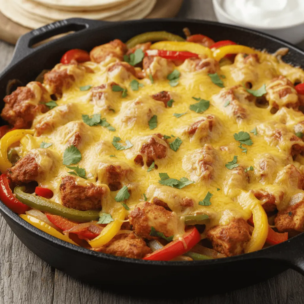 Hearty chicken fajita casserole baked in a cast-iron skillet with melted cheese, bell peppers, and onions, served on a rustic wooden table with tortillas and sour cream.