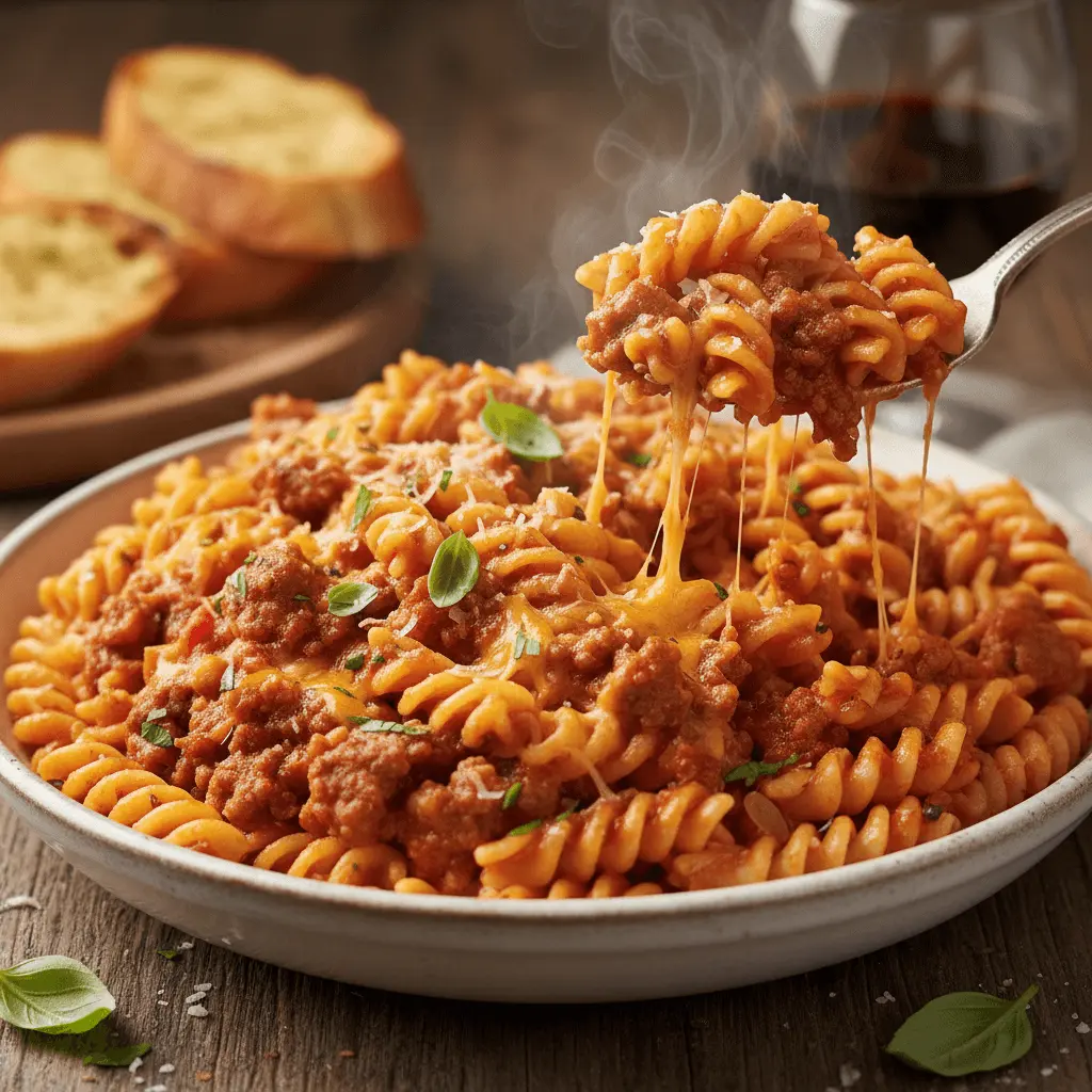 Steaming bowl of fusilli pasta with a rich beef meat sauce, melted cheese, and fresh basil, a classic among beef pasta recipes.