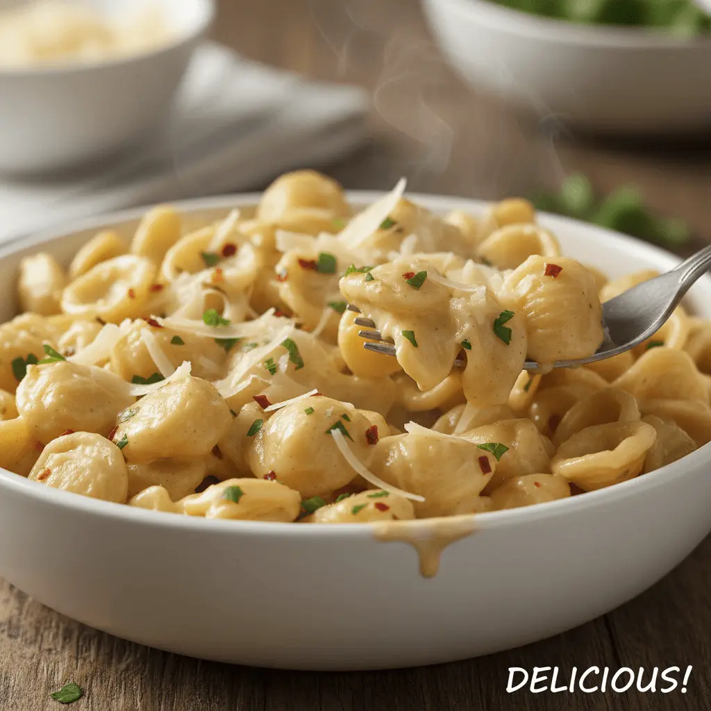 Close-up of a steaming bowl of creamy orecchiette pasta with grated cheese and herbs, being lifted by a fork, perfect for creamy pasta recipes.