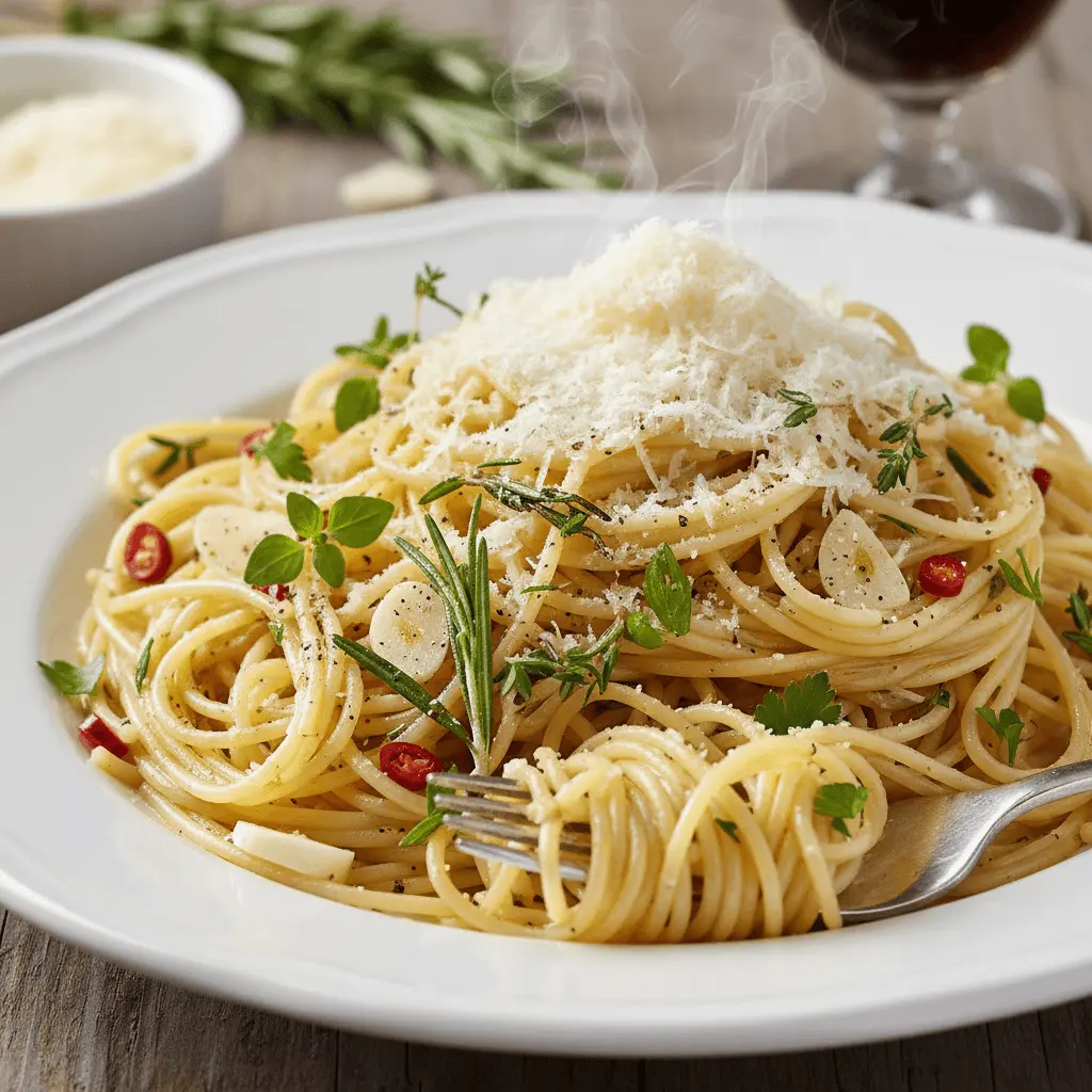 Steaming plate of garlic and oil pasta, a delightful inspiration for angel hair pasta recipes, garnished with fresh herbs, grated cheese, and chili on a rustic wooden table.