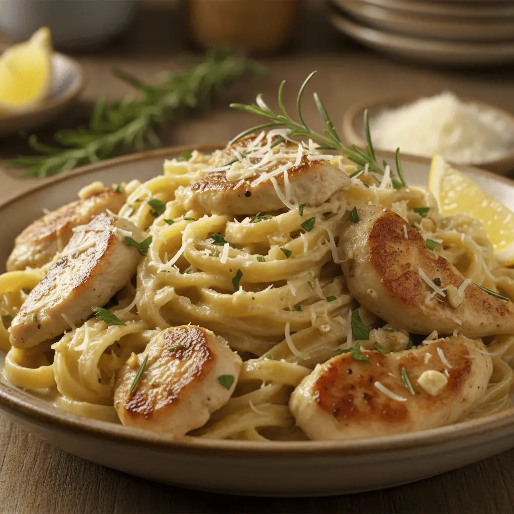 A rustic bowl of creamy chicken pasta with seared chicken, parmesan, fresh herbs, and lemon, inspiring delicious creamy chicken pasta recipes.