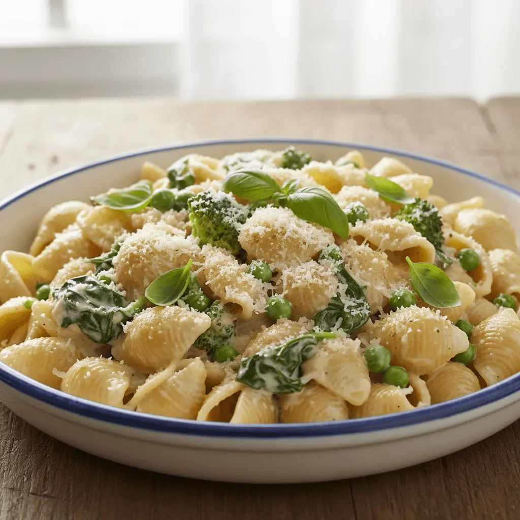 Creamy conchiglie pasta with broccoli, peas, spinach, cheese, and fresh basil, a delightful option for vegetarian pasta recipes.