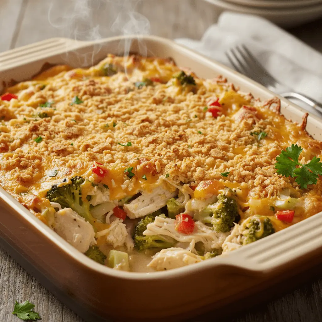 Steaming hot chicken divan casserole with golden-brown crumb topping, broccoli, and melted cheese, ready to serve on a rustic wooden table.